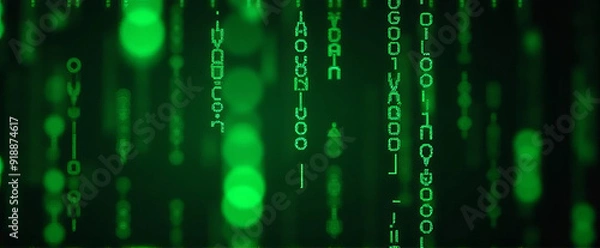 Fototapeta Matrix-Style Digital Rain with Green Binary Code