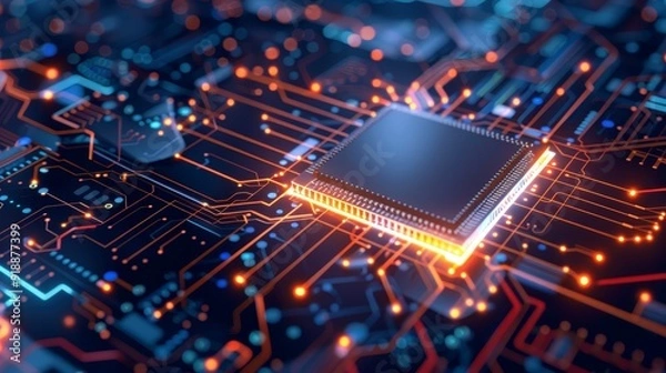 Fototapeta Close-up of microchip on illuminated circuit board
