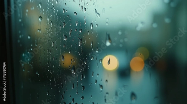 Fototapeta Raindrops on Window with Blurred City Lights Background