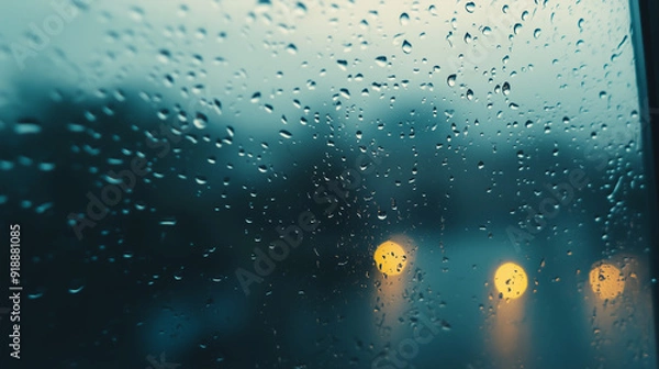 Fototapeta Raindrops on Window with Blurred City Lights Background