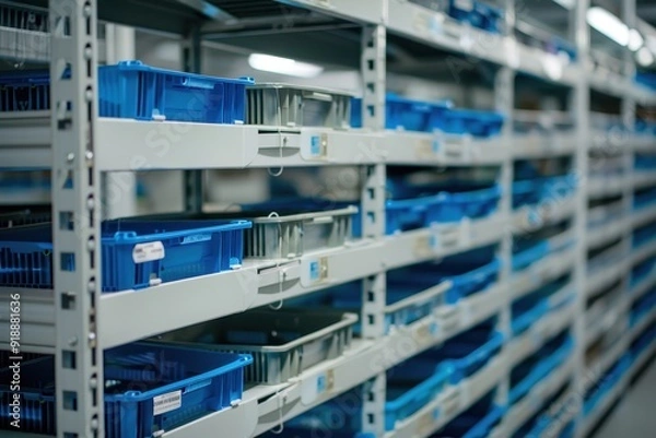 Fototapeta Component warehouse for electronics industry with white racks and blue trays