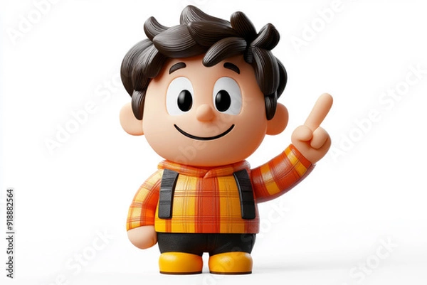 Fototapeta Happy smiling cartoon character man showing pointing finger standing confident on white background. Successful people male person concept