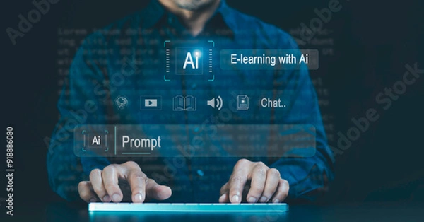 Obraz E- learning with AI technology concept. online education, webinar, online courses, Ai intelligence software and machine learning enhance personalised learning, remote learning on internet.