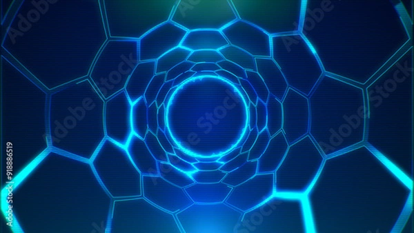 Fototapeta Blue laser glow lights hexagon tunnel technology abstract background.
