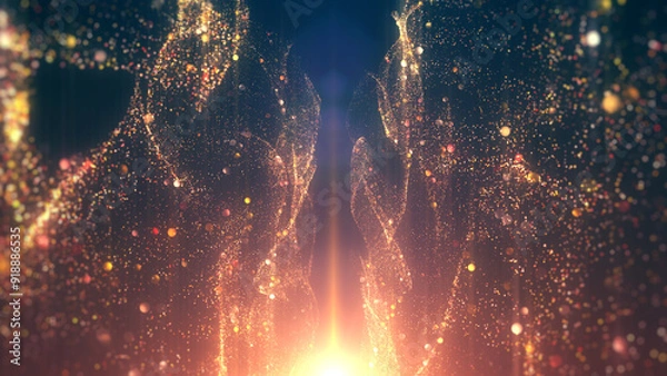 Fototapeta Gold dust particles and shiny light glamour abstract background.