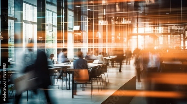 Fototapeta Abstract blur of a bustling office setting, highlighting professionals