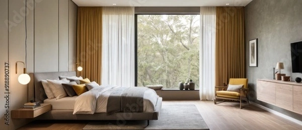 Fototapeta Modern cozy bedroom interior featuring a large window, stylish decor, wooden elements, and a comfortable bed with pillows and throws. Bright and inviting space with natural light.