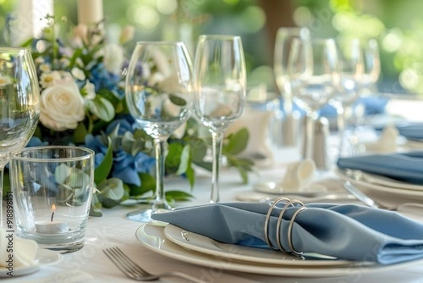 Fototapeta Sophisticated table setting with blue napkins fine glassware white plates and a floral centerpiece enhanced by candles and stylish napkin rings ideal for formal occasions