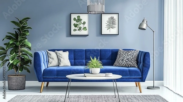 Obraz A vibrant living room in bold blue tones with a blue sofa, a white coffee table, a gray rug, a silver lamp, and a green plant, exuding energy and freshness