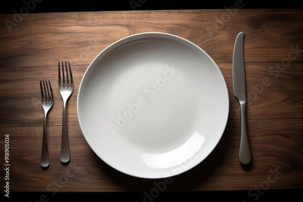 Fototapeta generated illustration top view of wooden table with empty plate silverware and space for meal