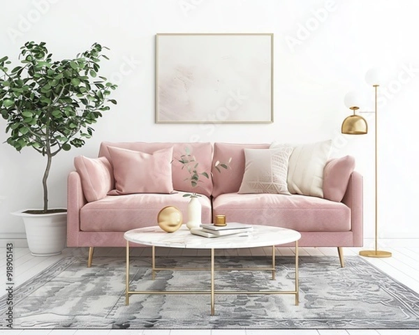 Fototapeta A chic living room in soft blush tones with a blush pink sofa, a white coffee table, a gold lamp, a gray rug, and a green plant, creating a stylish and warm environment