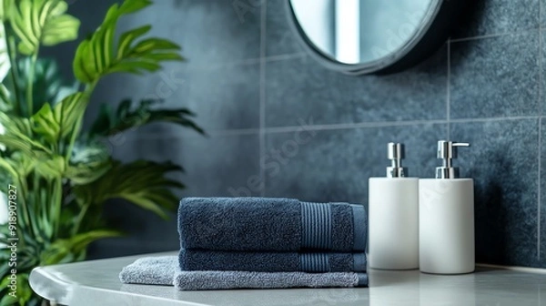 Fototapeta A modern bathroom in sleek navy tones with a navy towel, a white soap dispenser, a silver mirror, a gray bath mat, and a green plant, creating a sophisticated and stylish environment