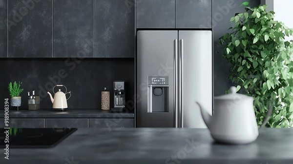 Fototapeta A modern kitchen in sleek charcoal tones with a charcoal countertop, a silver fridge, a white teapot, a gray bowl, and a green plant, offering a contemporary and edgy vibe