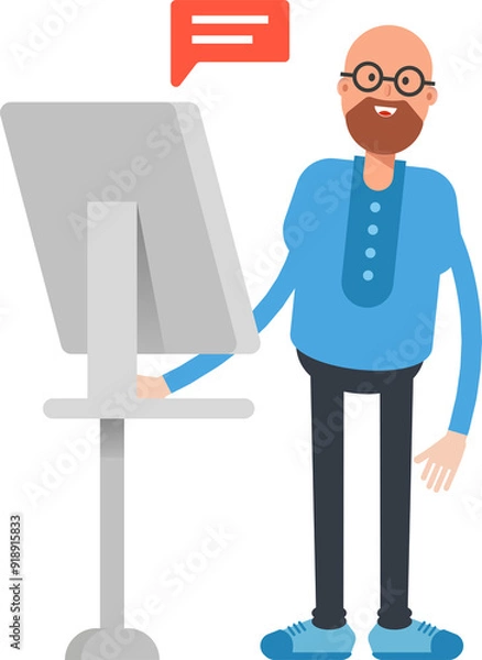 Fototapeta Bald Man Character Working on Computer
