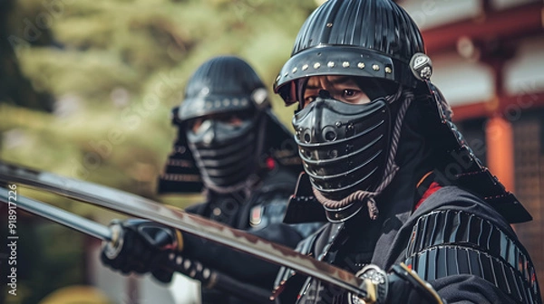 Fototapeta A formidable samurai in full armor grips his weapon, exuding strength and discipline.