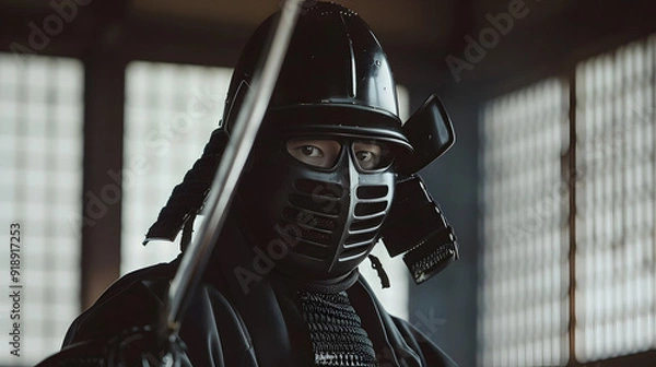 Fototapeta A formidable samurai in full armor grips his weapon, exuding strength and discipline.