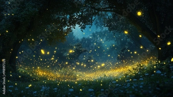Fototapeta Fireflies Glowing in a Dark Forest