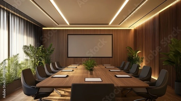Fototapeta Modern conference room with a large table, comfortable chairs, and a digital projector for presentations