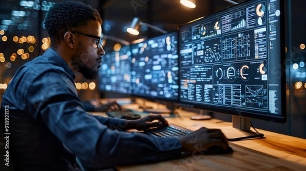 Fototapeta Person working on multiple computer screens displaying data analytics in a modern office at night