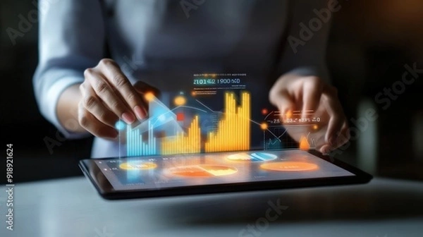 Fototapeta Person using a tablet to present a detailed infographic with various data points and charts