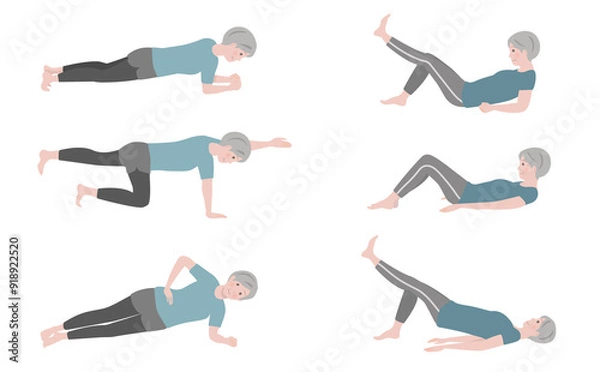 Obraz 体幹トレーニングをする年配の女性のイラストセット：健康維持、筋力増強、生活習慣病・サルコペニア予防