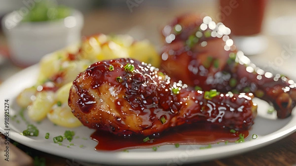Fototapeta Closeup of glazed chicken drumsticks with potato salad on a white plate.