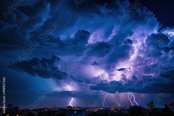 Fototapeta Generative ai on theme of scary bright electric lightning bolt with branches in the night dark sky