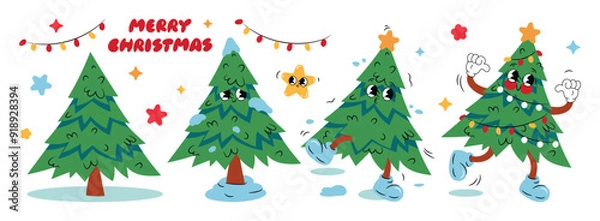 Fototapeta Christmas cartoon characters and elements. Christmas tree decorated with snow, light, ball and star. Holidays greeting for design, poster, print, background.

