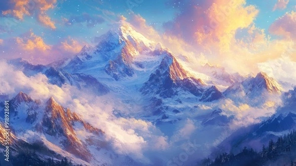 Fototapeta Snow-Capped Mountain Peaks with Clouds and a Starry Sky
