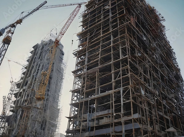 Fototapeta Soaring steel structure rises amidst urban skyline, a testament to architectural ambition and construction industry progress