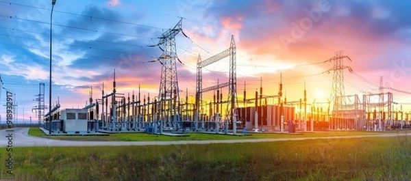 Obraz A high voltage electrical substation, with electrical towers and transmission lines, at sunset.  The power grid is an important part of modern infrastructure.