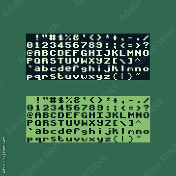 Fototapeta Alphabet pixel art style icon, fonts, interface, 8-bit sprite, game assets, retro 80s console gaming app, video game, old school computer graphic design. Isolated vector illustration. 
