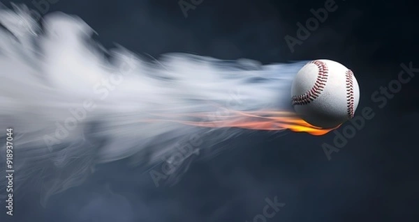 Obraz A baseball on fire flies through the air, leaving a trail of smoke. The ball is in focus, with the background blurred.