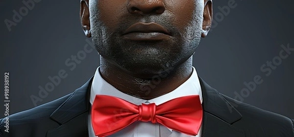 Fototapeta Close up of a man wearing a red bow tie and a black suit. The image is focused on the bow tie, which is a symbol of elegance and sophistication.