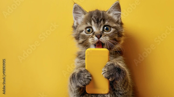 Fototapeta Little kitten shocked hold mobile cell phone isolated on yellow color background. Cute cat holds phone surprised shopping concept