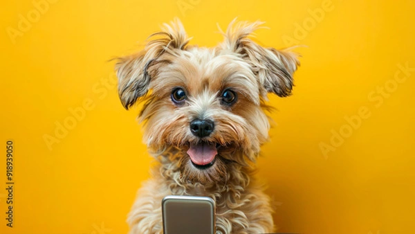 Fototapeta Funny puppy dog shocked hold mobile cell phone isolated on yellow background. Cute dog holds phone surprised shopping concept. For advert, poster, app, web, sale