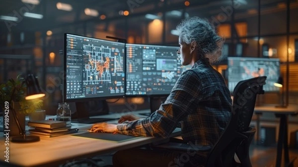 Fototapeta Person working at a dual monitor setup in a modern office space during nighttime