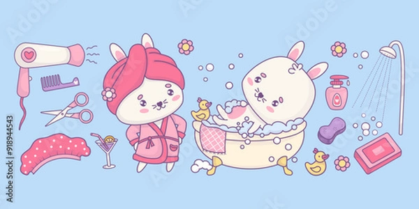 Fototapeta Cute cartoon white rabbit in bathrobe with towel and bunny bathing in bubble bath. Isolated vector shower cosmetics elements. Hairdryer, soap, shower cap, washcloth, scissors and comb