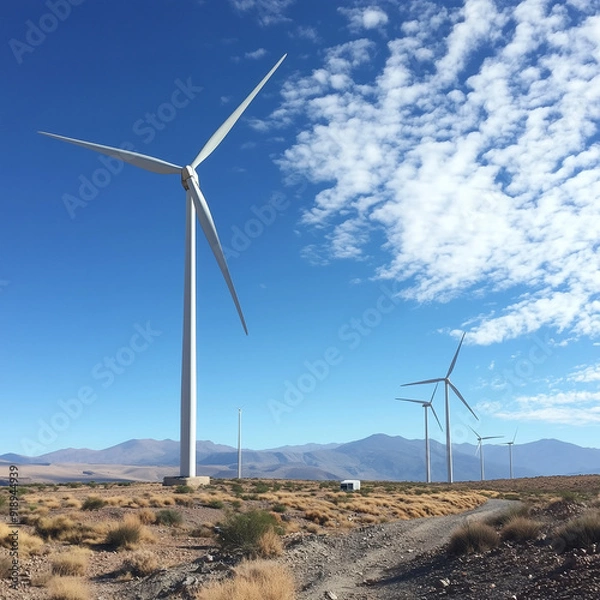 Fototapeta Tall wind turbines stand against a clear blue sky in a barren desert landscape, symbolizing renewable energy, sustainability, and the harmonious blend of technology and nature.