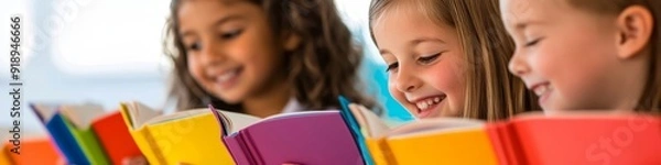 Fototapeta Happy pupils reading colorful books, Generative AI