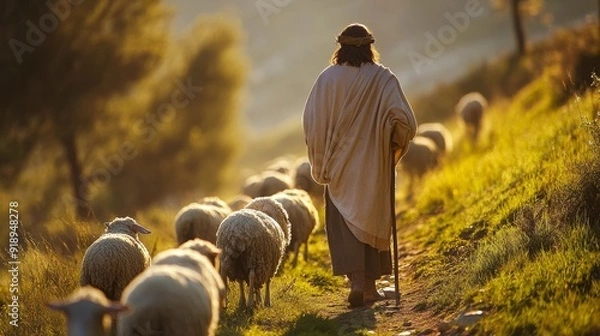 Fototapeta Religious portrayal of jesus as a caring shepherd in classic art, symbolizing care and guidance