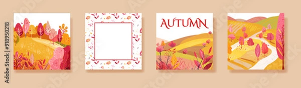 Fototapeta Set autumn poster Hand drawn. Trees in the forest near the clearing. Frame with plant pattern. Print on the cover of a notebook, notebook or wallpaper. Vector
