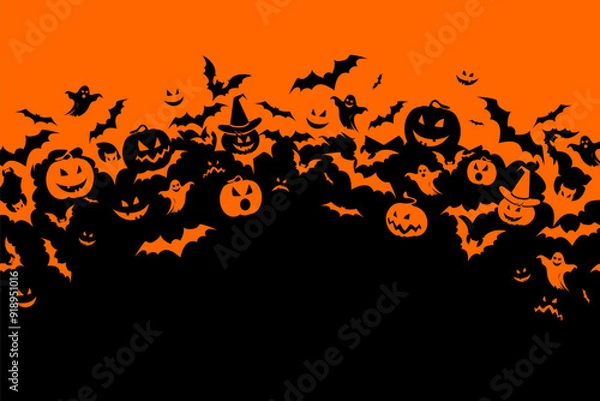 Fototapeta Halloween banner with black bats, pumpkins and ghosts on the orange background. Illustration with text.
