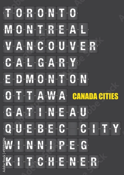 Fototapeta Names of Canadian Cities on Split flap Flip Board Display