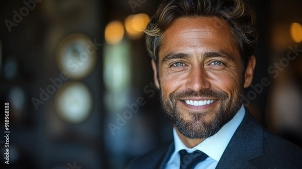 Fototapeta A man with a beard and a smile is wearing a suit and tie