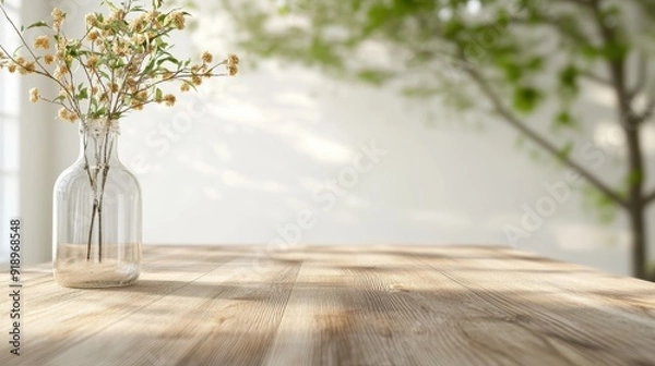 Fototapeta Rustic farmhouse dining room with a large wooden table, rustic chairs, and a vintage chandelier.