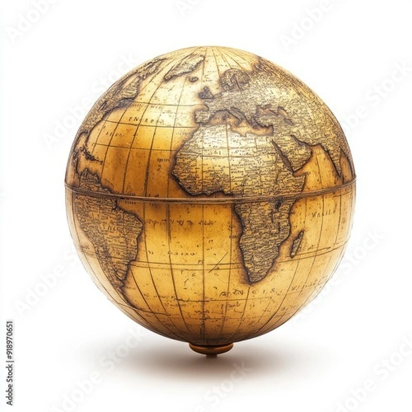 Fototapeta old golden metalic globe on white background  " ai generator "