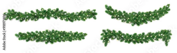 Obraz Christmas tree garlands on transparent background. Realistic pine-tree branches with glowing sparkling Christmas lights decoration. Vector border for holiday banners, party posters, cards, headers.