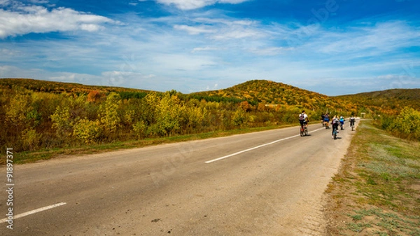 Fototapeta Group of cyclists on road stretches into the distance on the background of bright autumn trees on a hill. Russia
