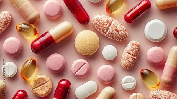 Fototapeta Variety of multicolored pills and capsules arranged on a light surface